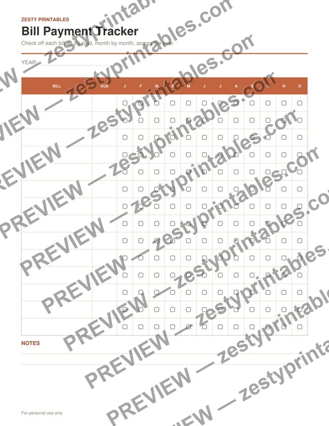 Bill payment tracker printable preview