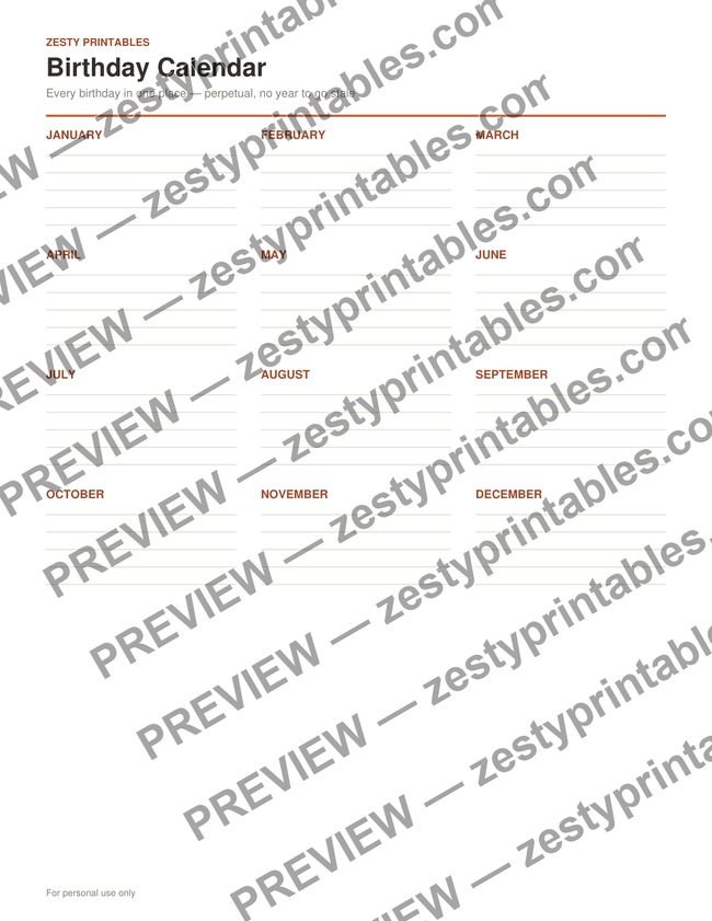 Perpetual birthday calendar printable preview