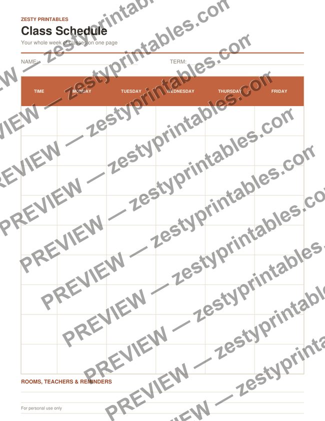 Class schedule printable preview