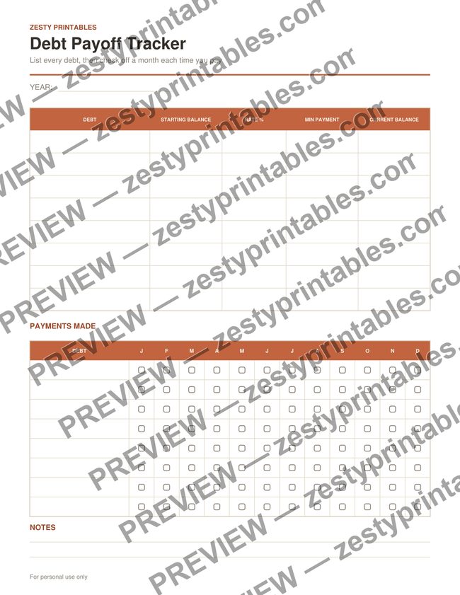 Debt payoff tracker printable preview
