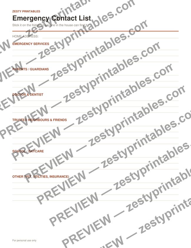Emergency contact list printable preview