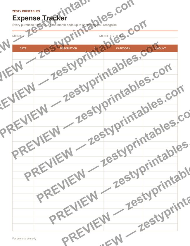 Expense tracker printable preview
