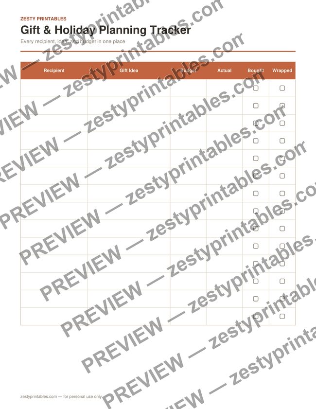 Gift and holiday planning tracker printable preview