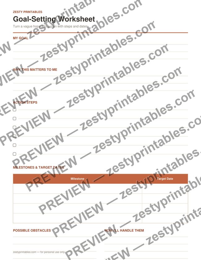 Goal setting worksheet printable preview