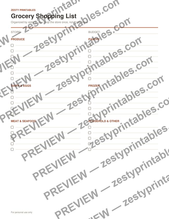 Grocery shopping list printable preview