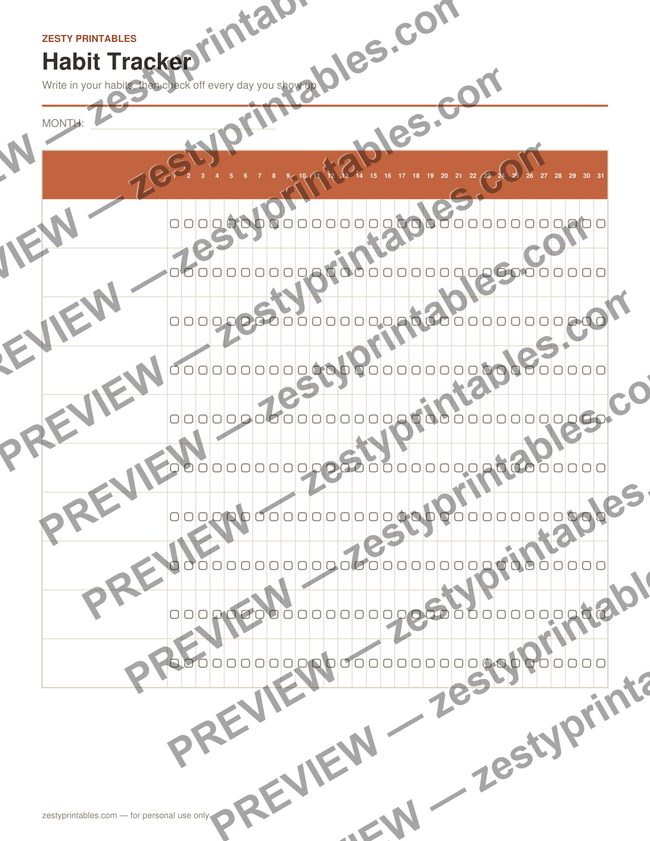 Monthly habit tracker printable preview