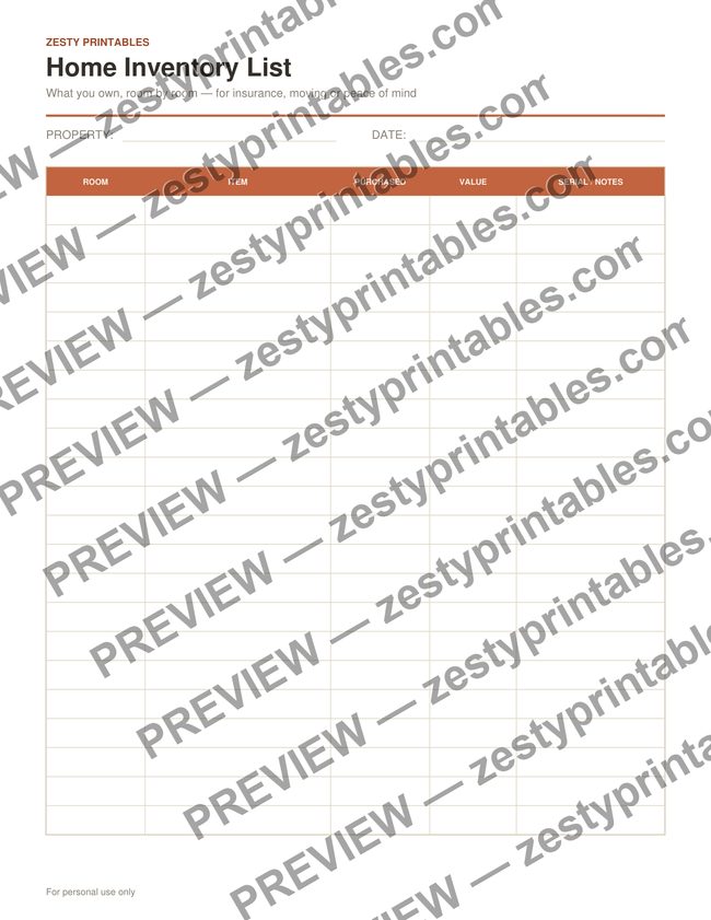 Home inventory list printable preview