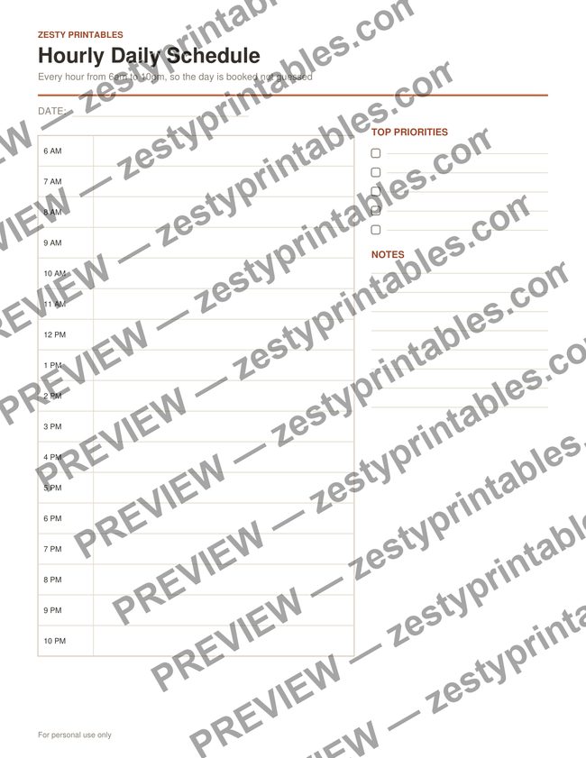 Hourly daily schedule printable preview