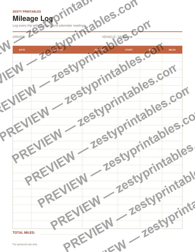 Mileage log printable preview