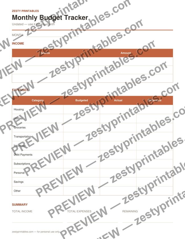 Monthly budget tracker printable preview