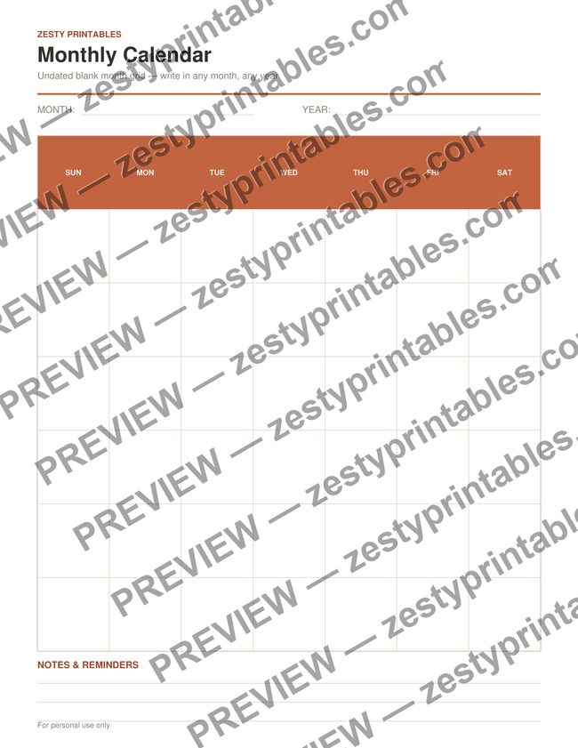 Blank monthly calendar printable preview