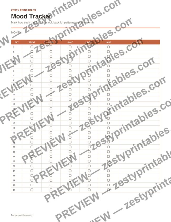 Mood tracker printable preview