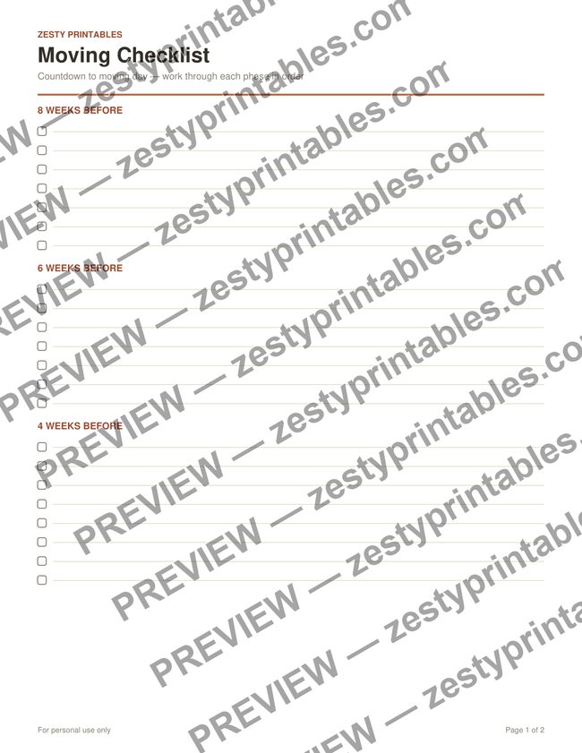 Moving checklist printable preview