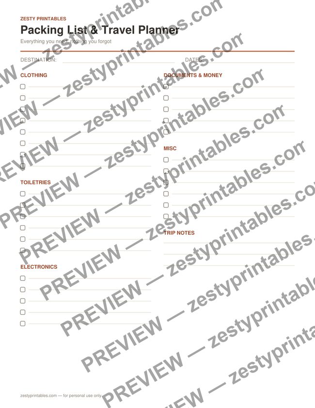 Packing list and travel planner printable preview