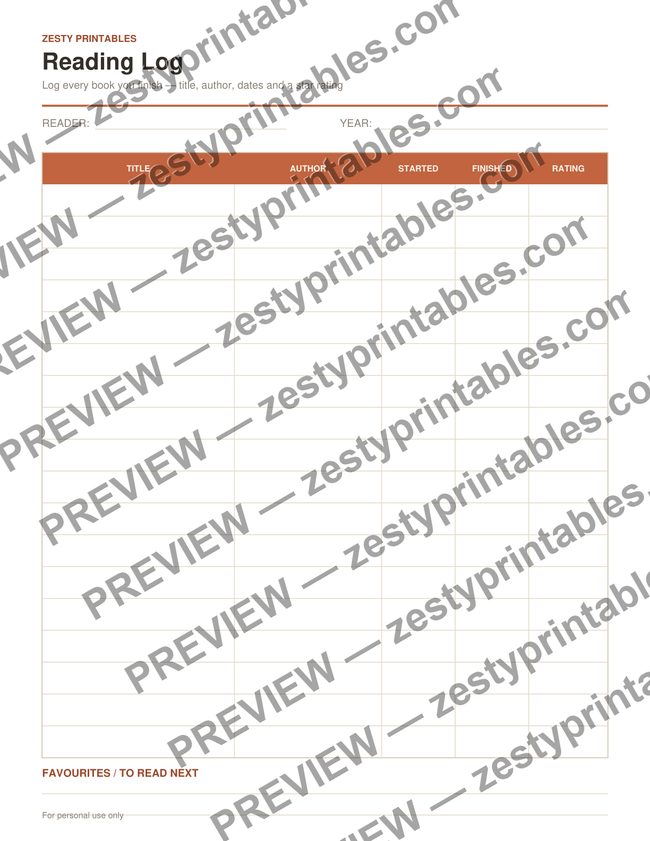 Reading log printable preview