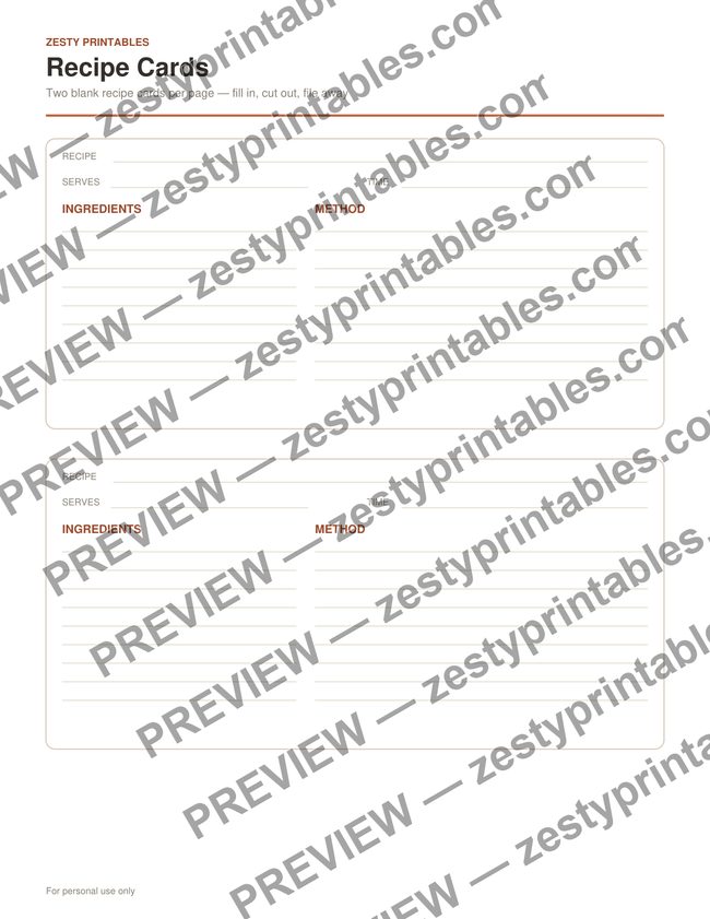Blank recipe cards printable preview