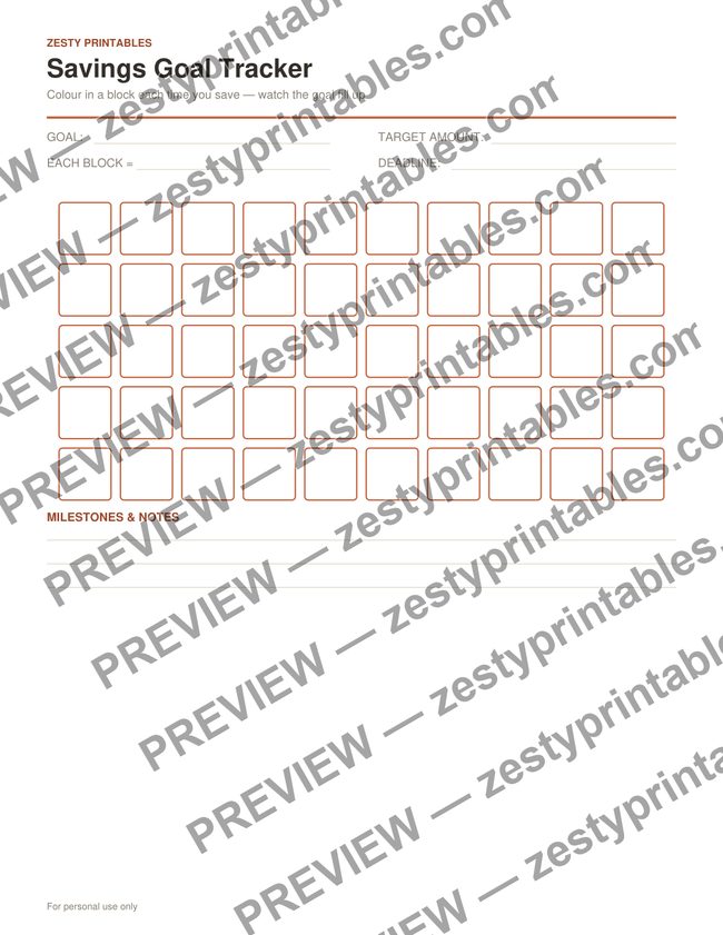 Savings goal tracker printable preview