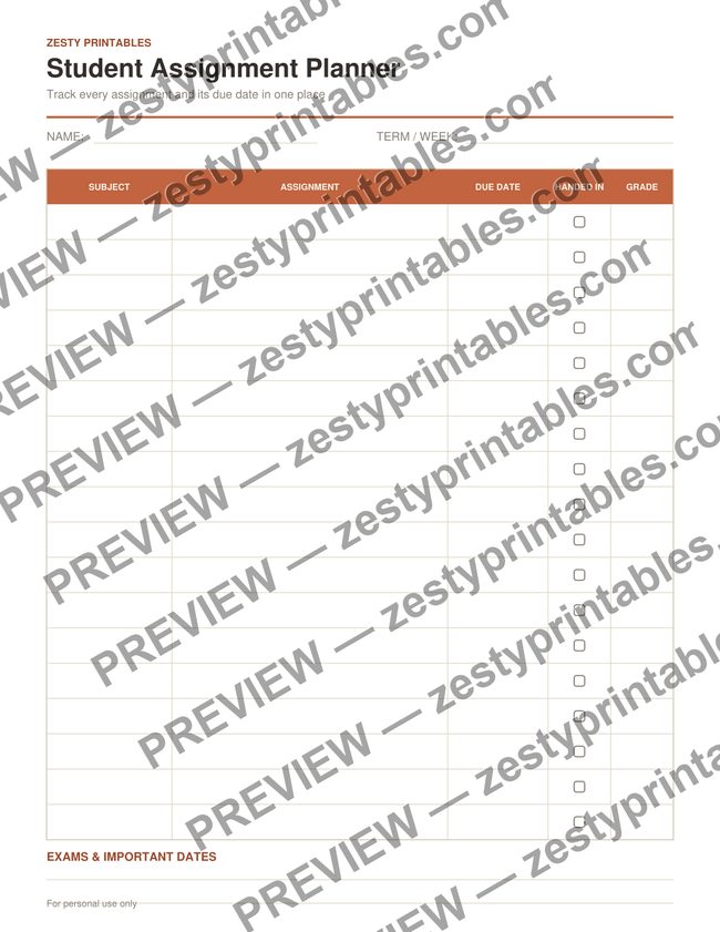 Student assignment planner printable preview