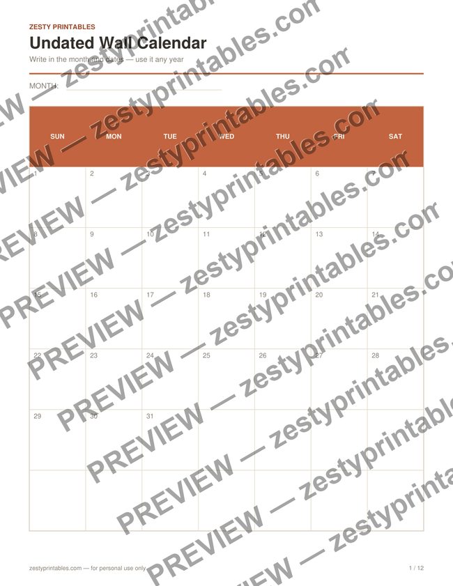 Undated yearly wall calendar printable preview