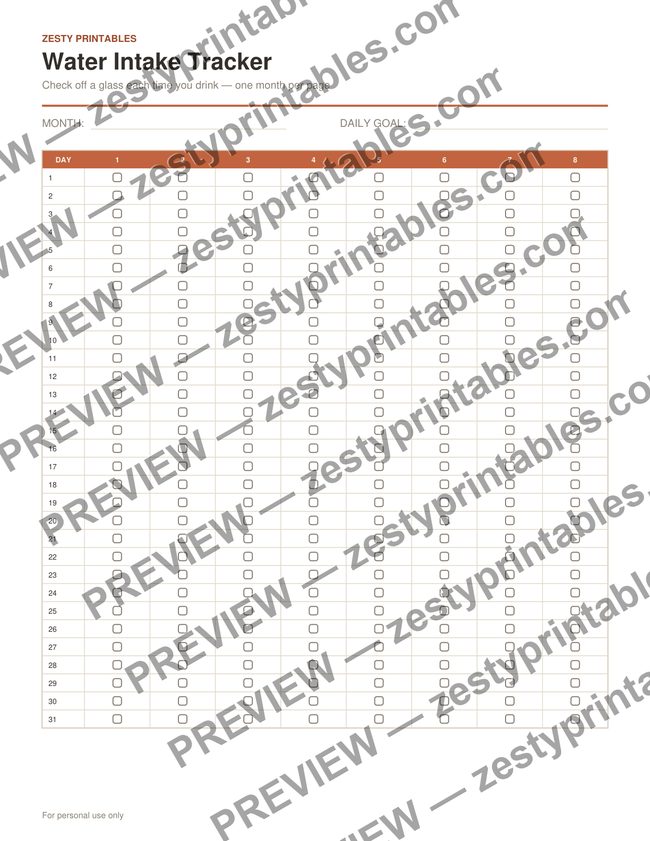 Water intake tracker printable preview