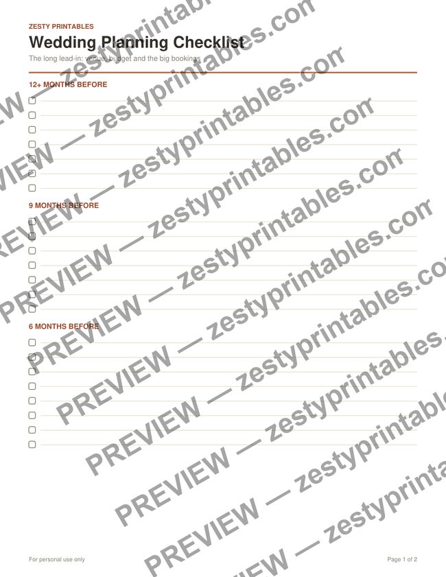 Wedding planning checklist printable preview