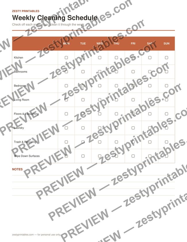Weekly cleaning schedule printable preview
