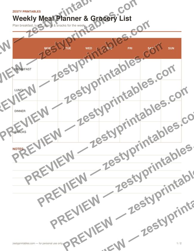 Weekly meal planner and grocery list printable preview
