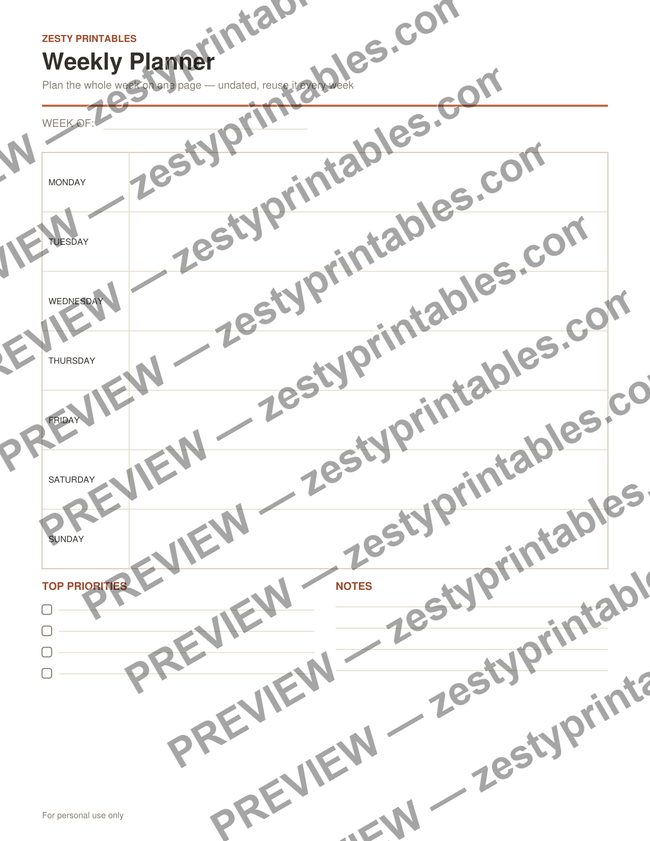 Weekly planner printable preview
