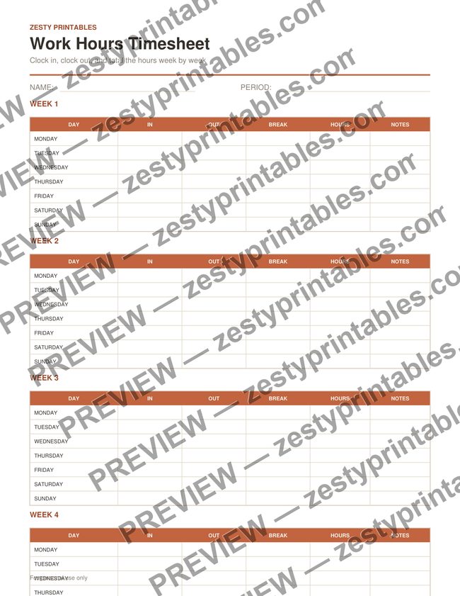 Work hours timesheet printable preview