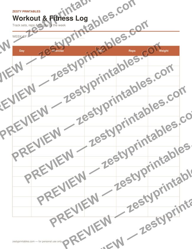 Workout and fitness log printable preview